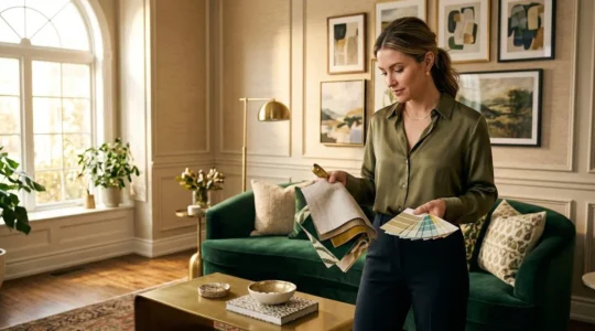 Un décorateur d'intérieur examine des échantillons de tissus et un moodboard dans un salon élégamment rénové