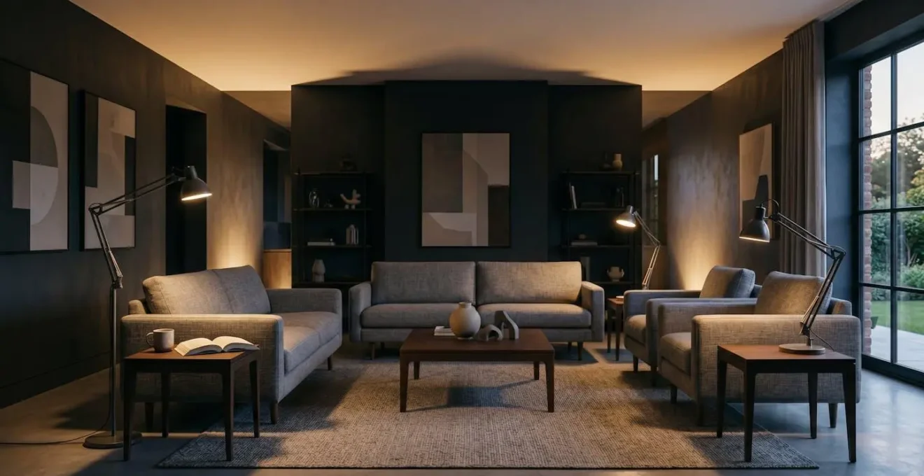 Salon moderne illustrant les trois couches d'éclairage avec spots, lampes de table et éclairage indirect
