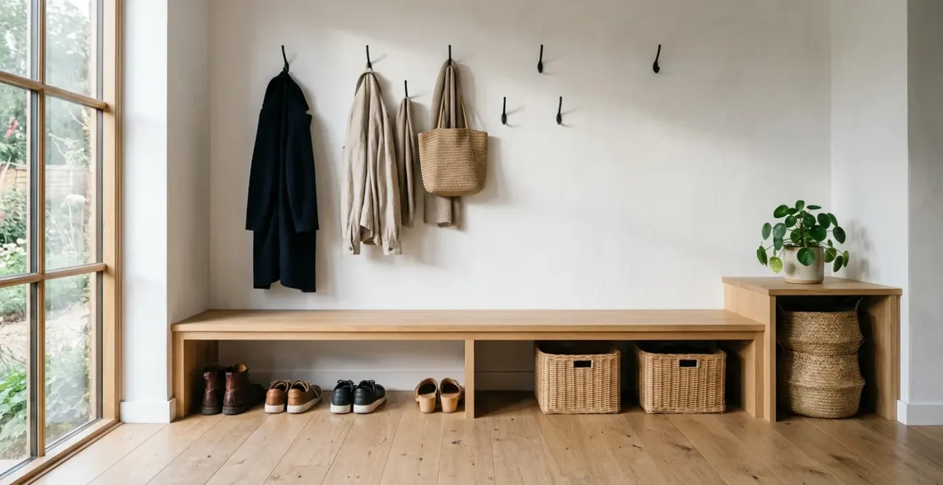 Entrée moderne avec banc en bois, patères murales et rangements intégrés dans des tons naturels