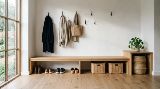 Entrée moderne avec banc en bois, patères murales et rangements intégrés dans des tons naturels