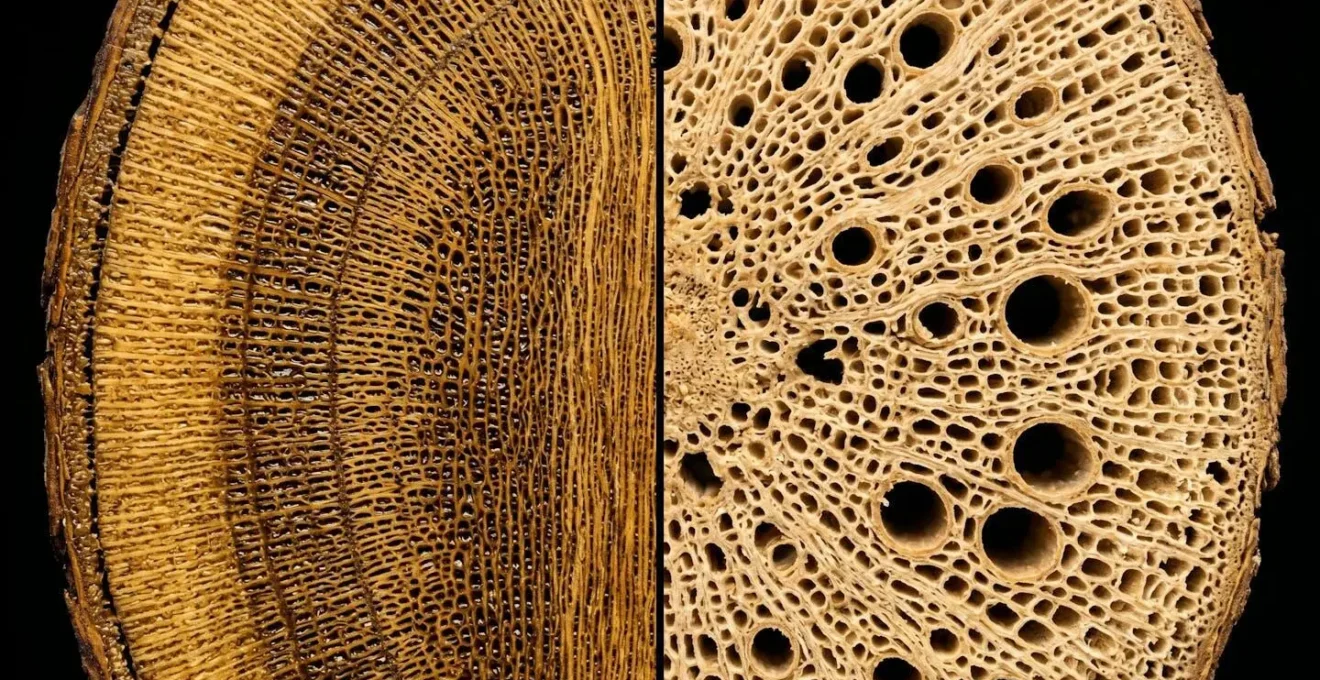Vue macro de la structure cellulaire du teck versus acacia montrant la densité différente