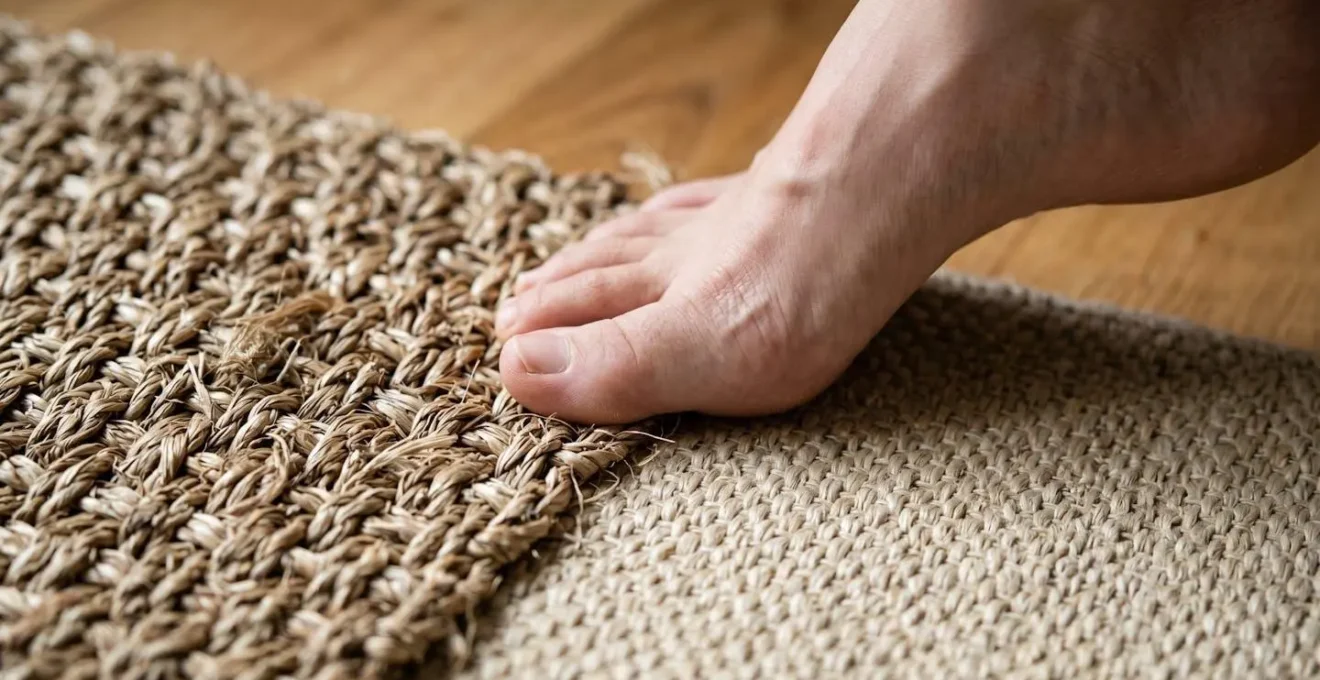 Gros plan sur deux textures de fibres naturelles côte à côte, jonc de mer tressé et sisal tissé, avec pied nu posé délicatement