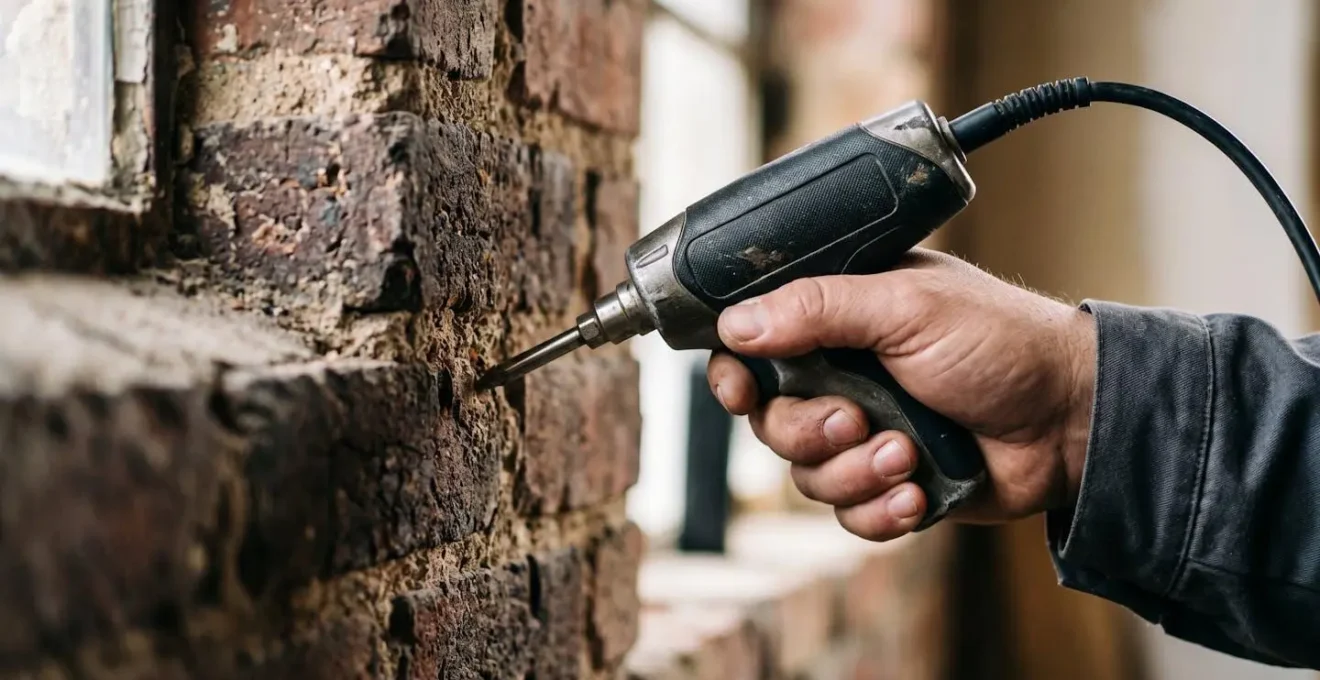 Main d'expert testant la solidité d'un mur en brique avec un outil de mesure.