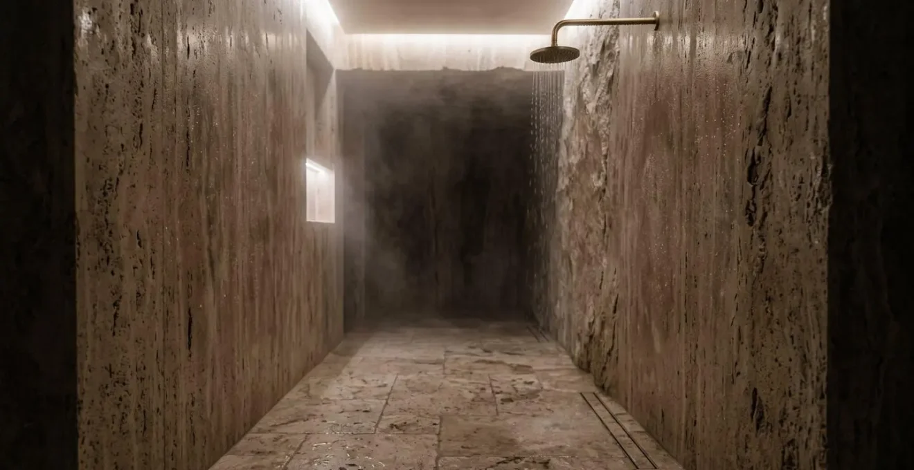Salle de douche avec travertin du sol aux murs, éclairage tamisé créant une atmosphère de grotte naturelle