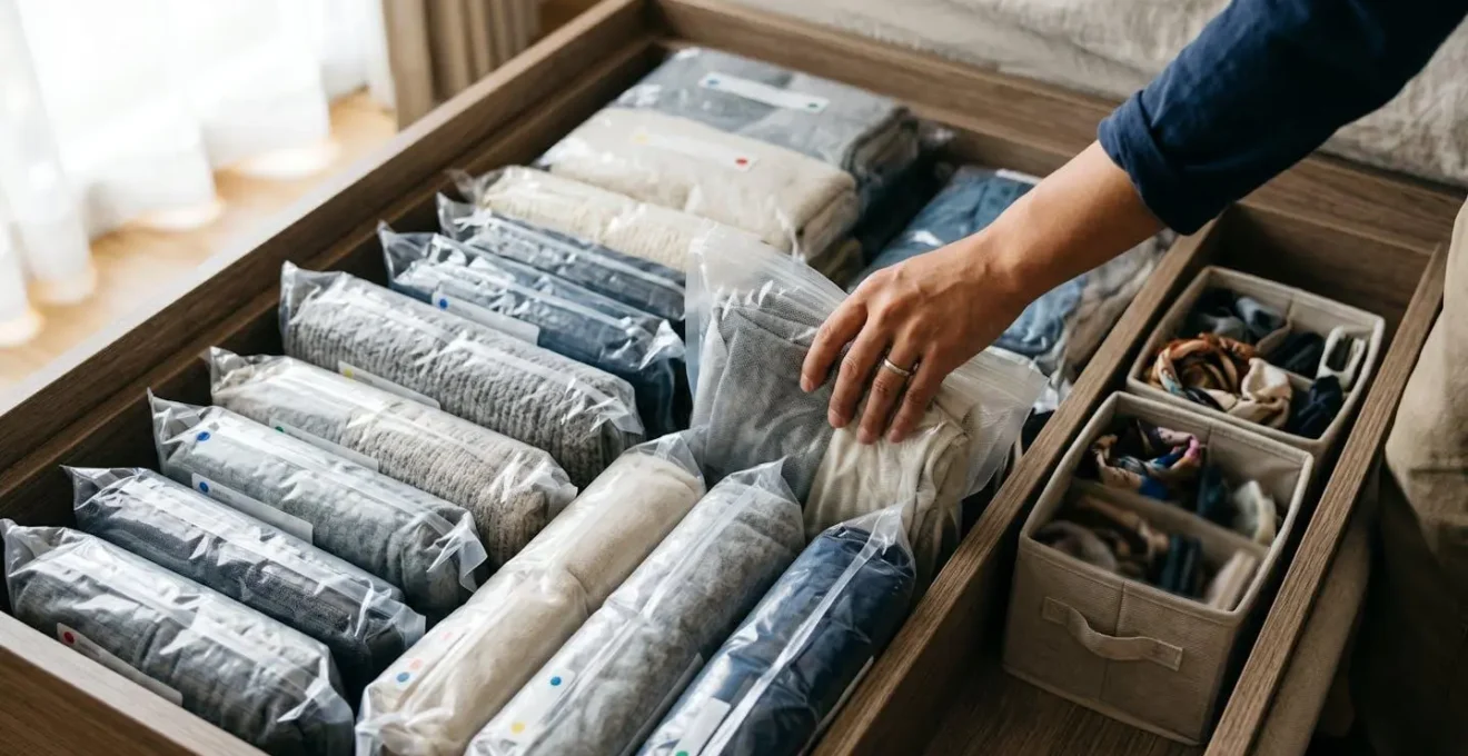 Vue plongeante dans un lit coffre ouvert montrant des sacs sous vide organisés et étiquetés