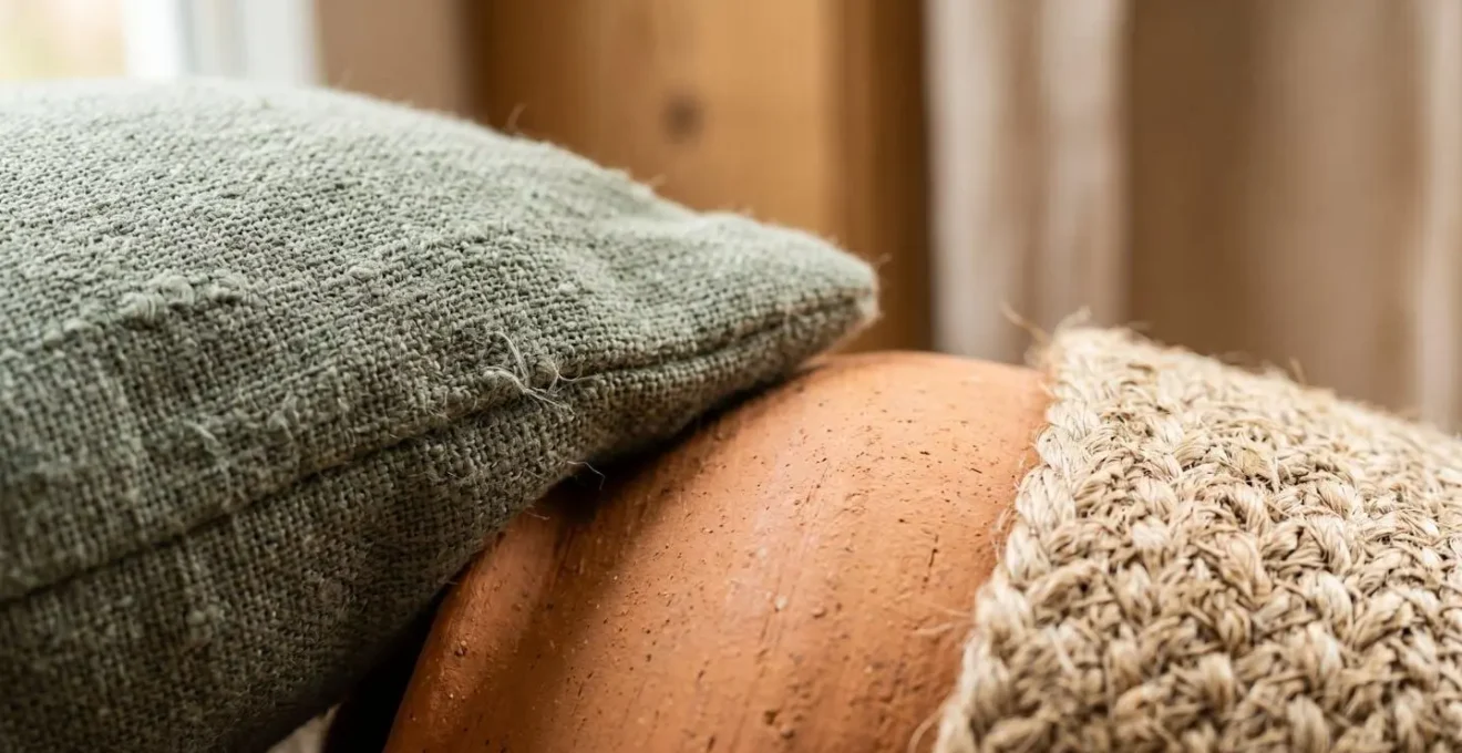 Vue macro de textures et matières créant une harmonie chromatique subtile dans un intérieur