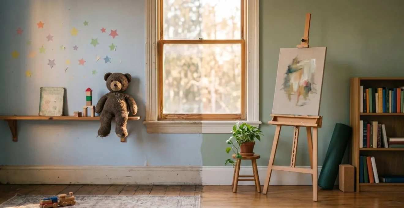 Pièce lumineuse en cours de réaménagement montrant la transition d'une chambre d'enfant vers un atelier créatif