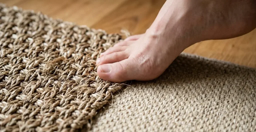 Gros plan sur deux textures de fibres naturelles côte à côte, jonc de mer tressé et sisal tissé, avec pied nu posé délicatement
