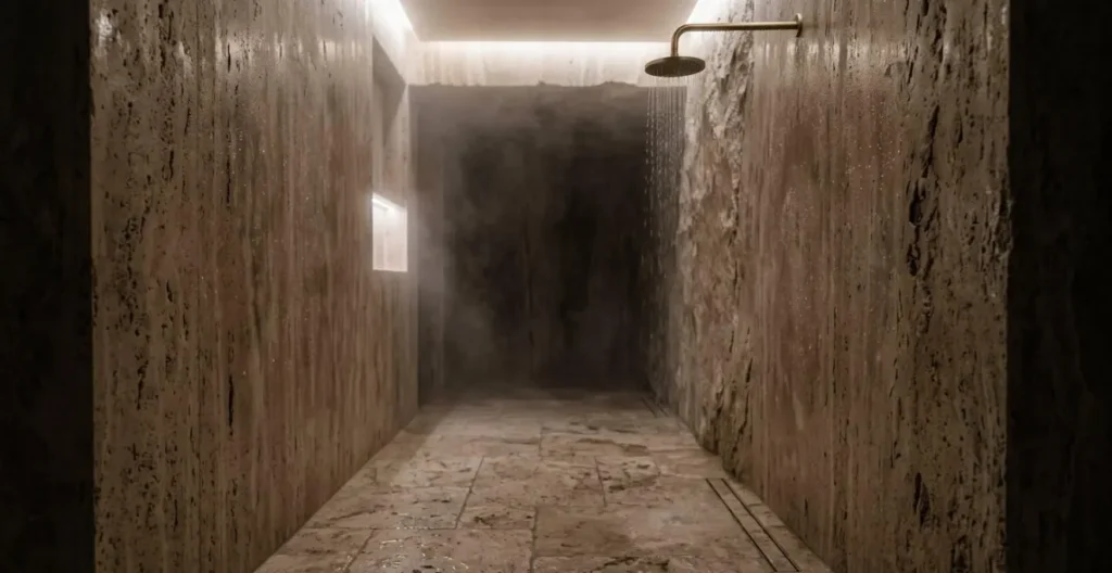 Salle de douche avec travertin du sol aux murs, éclairage tamisé créant une atmosphère de grotte naturelle